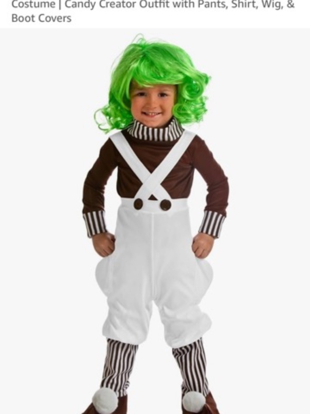 Willy Wonka Oompa Loompa Costume Toddler Sz 4T Shirt, Overalls, Shoe Covers, Wig